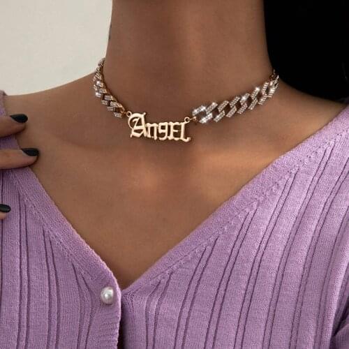 Fashion Rhinestone Thick Chain Letters Angel Pendant Necklace Women Vintage Geometric Choker Necklace Christmas Gift Jewelry