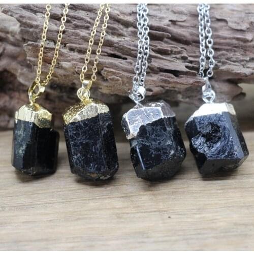 Raw Black Tourmaline Pendants Chains,Chakra Healing Crystal Natural Gmes Quartz Chips Reiki Chams Necklace Women Jewelry,QC3005