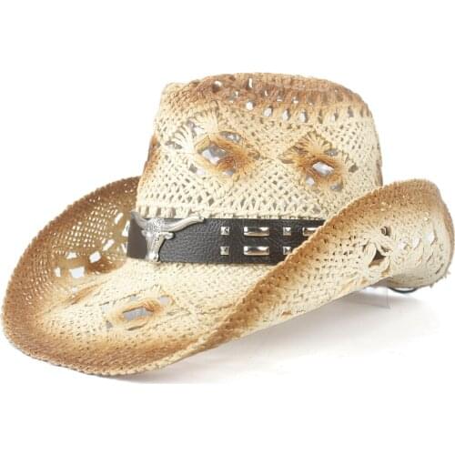 2019 New Straw Hollow Western Cowboy Hat Women Men HandmadePunk Sombrero Hombre Beach Cowgirl Jazz Sun Hat Size 56-58CM