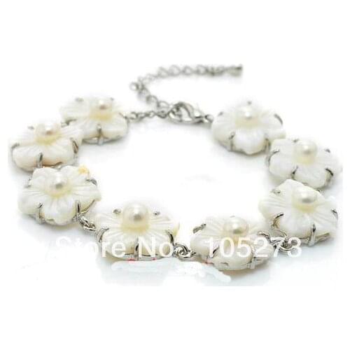 New Arriver Jewelry 8'' Gorgeous White Freshwater Pearl Natural Shell Bracelet 4-5mm & 14-15mm Wholesale Free Shipping