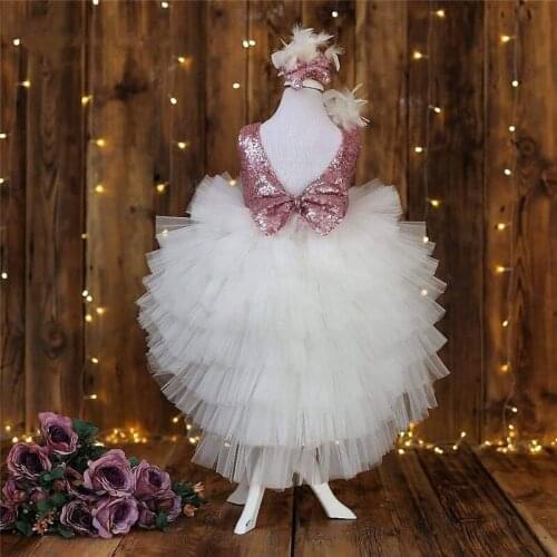 Infant Girls Clothes Rose Champagne Sequins Top Backless Princess Birthday Dress Kids Party Costumes