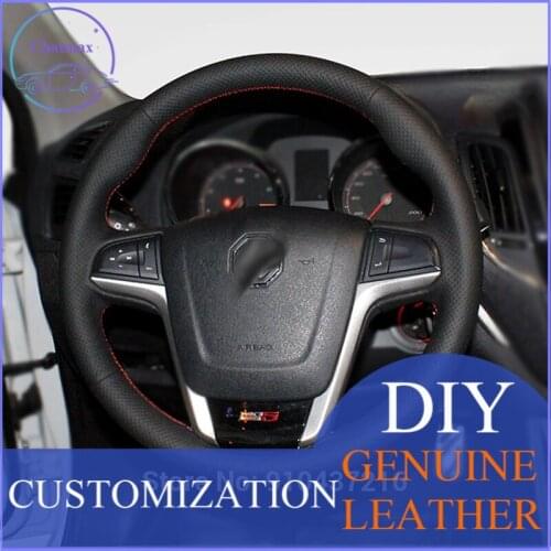 Customize DIY Black Drilled Leather Red Thread Hand Sewn Steering Wheel Cover for MG 5 2011-2014