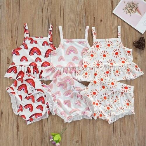 1-6 Years Girls Two-Piece Clothes Set Printed Pattern Sleeveless Vest Tops And Shorts Infant Girls Orange Wine Red Pink Outfits