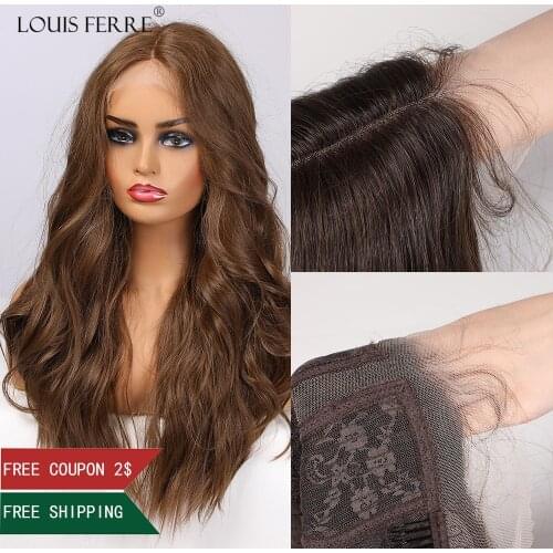 LOUIS FERRE Long Water Wave Brown Lace Front Wigs for Black Woman Afro Cospaly Middle Part Synthetic Lace Wig Heat Resistant