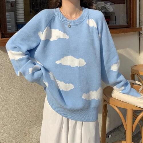 Cartoon Cloud Women Sweaters Korean Chic Oversized Knitted Pullover Tops 2021 Autumn Lady Causal O Neck Long Sleeve Blue Jumpers