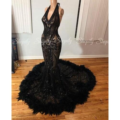 See Through Black Long Prom Dresses 2020 Sexy Mermaid Sequin African Ladies Feather Gala Party Prom Gowns