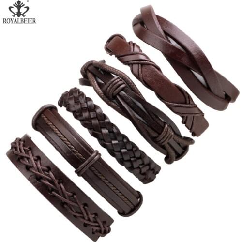 ROYALBEIER 6pcs/lot Genuine Leather Bracelet Simple Punk Cow Leather Bracelets Adjust Mixture Ankle Bracelets&Bangles Jewelry