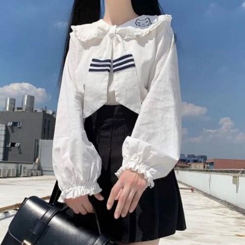 Japanese Mori College Style Doll Collar Pleated Long-sleeved White Shirt Kawaii Student Spring and Autumn Solid Color Shirt