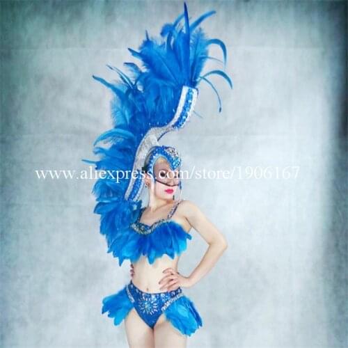 Sexy Lady Blue Feather Bikini Party DS Dress Female Singer Stage Performance Ballroom Costume Christmas Dancing outfit