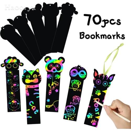 70Pcs Animal Rainbow Scratch Paper DIY Bookmarks Theme Party Decor Supplies Art Painting Educational Toy Crafts Kit for Kid