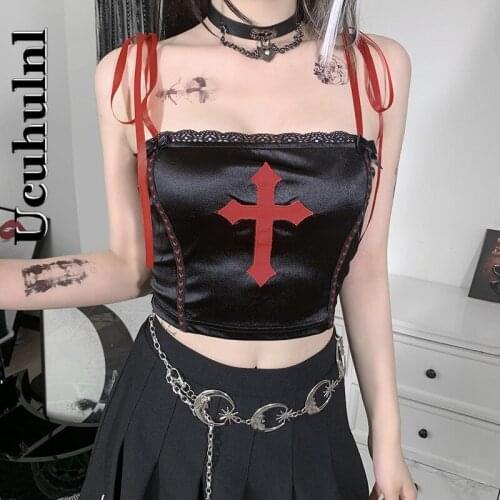 Ucuhulnl Gothic Cross Print Black Camis Grunge Harajuku Lace Up Corset Tops Punk Streetwear Backless Summer Crop Tops Summer