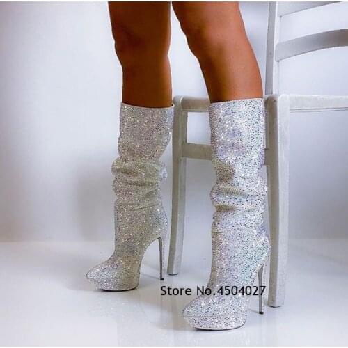 Bling Bling Crystal Knee High Boots Stiletto Heels Platform Glitter Rhinestone Wedding Shoes Fall Winter Boots