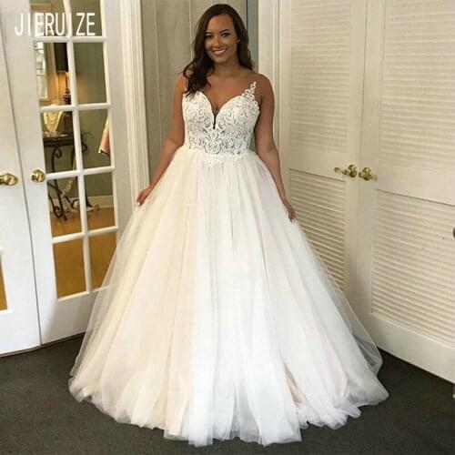 JIERUIZE Chic Tulle Wedding Dresses A-line Spaghetti Straps Lace Appliaues Backless vestidos de novia Summer Wedding Gowns