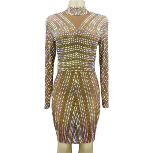 Crystal Rhinestone Mesh Halter Sheath Dress Women Turtleneck Prom Evening Dress Singer Stage Party Nightclub Wear