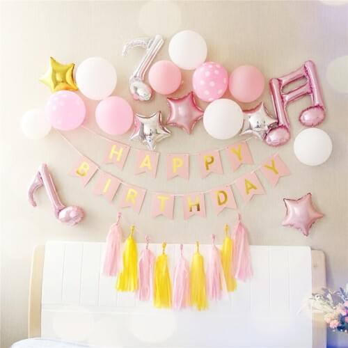 1 set baby boy girl party room decor supplies with paper birthday banner Tissue Paper Tassel Garland 10'' latex globos star ball