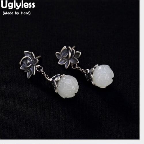 100% Real 925 Ethnic Thai Silver Lotus Flower Earrings Fashion Wind of China Chic Jade Lotus Earrings Gemstone Jewelry for Women