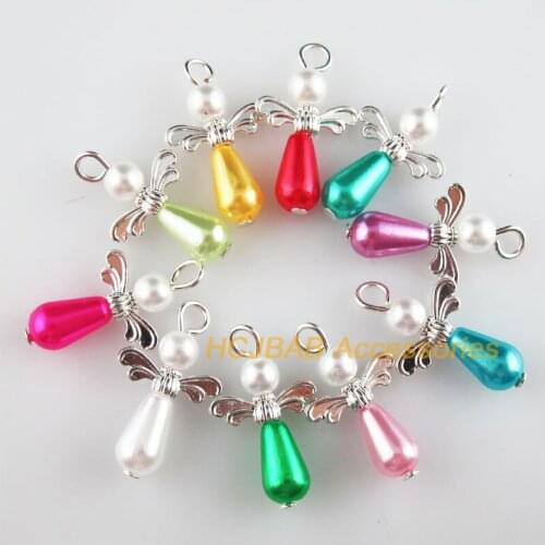 20 New Angel Charms Silver Plated Mixed Acrylic Teardrop Pendants 13.5x23mm