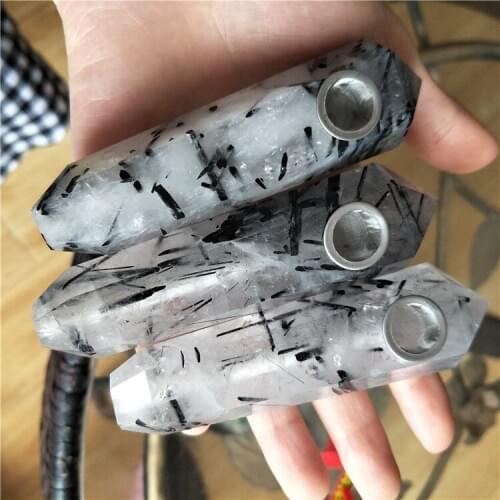 3 natural stones and minerals quartz crystal black tourmaline crystal smoking pipes balck hair quartz crystal smoking pipes