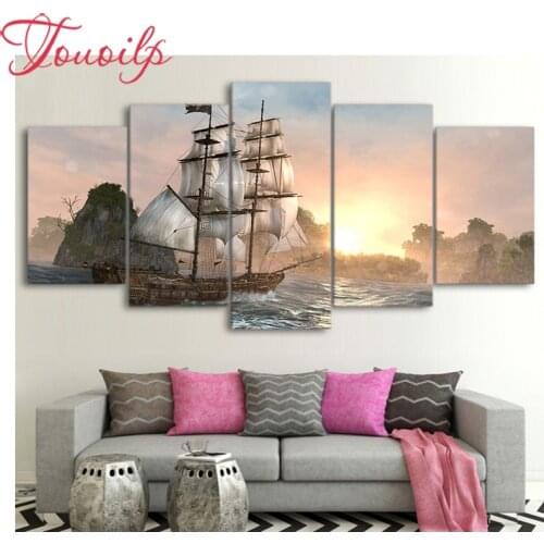 5D Rhinestone Diamonds Embroidery Ship Sea Sunset Sunshine Landscape 5 pcs Diamond Painting Cross Stitch Kits Diamond Mosaic kit