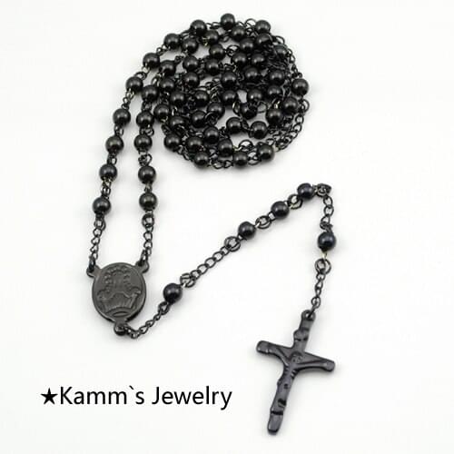 AMUMIU Rosary Beads Stainless Steel Chain Black Pendant Necklace Cross Jesus Accessories Wholesale Catholic KN082W6