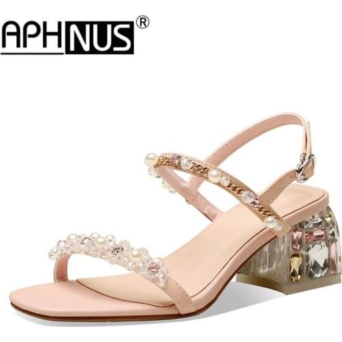 APHNUS Womens Sandals Pearl Rhinestone Glitter Leather Mid High Heels Pumps Woman 2021 Shoes For Women New