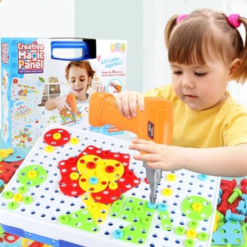 Kids Drill Puzzle Toys Creative Educational Toy Electric Drill Screws Puzzle Assembled Mosaic Design Boy Pretend Building Toys