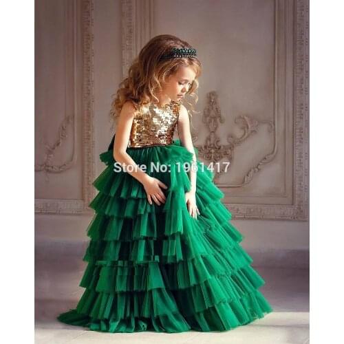 2020 ins Princess Flower Girls Wedding Dresses Childrens Sequined Dress Baby Birthday Party Sleeveless Golden+Green Dress Baby