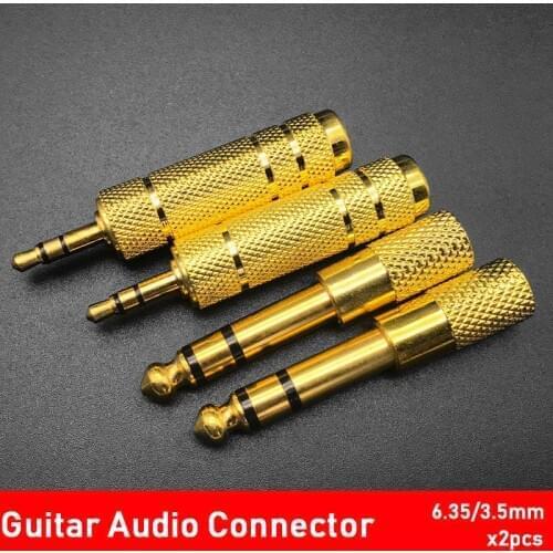 2pcs Guitar Amplifier Microphone 3.5 Female to 6.5/6.35 Male Stereo Audio Connector Adapter Plug Thread Gold