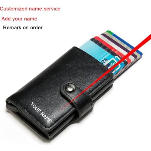 Customized Name Card Holder RFID Blocking Mini Card Wallet Man Women Leather Wallet with Aluminum Case