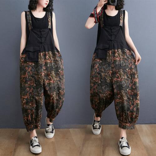 Retro Cotton And Linen Stitching Bib Pants Women 2021 Summer New Loose Jumpsuit Suspenders Ankle-Length Trousers Playsuit zh1309