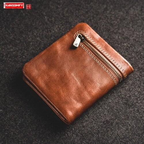 Soft Leather Short Wallet Mini Wallets Men Small Coin Purse Cowhide Card Holder Casual Mens Zipper Ultra-thin Handmade