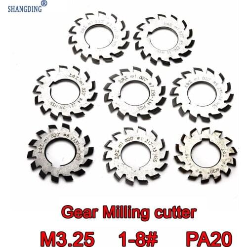 M3.25 Modulus PA20 degrees NO.1-NO.8 8pcs HSS Gear Milling cutter Gear cutting tools Free shipping