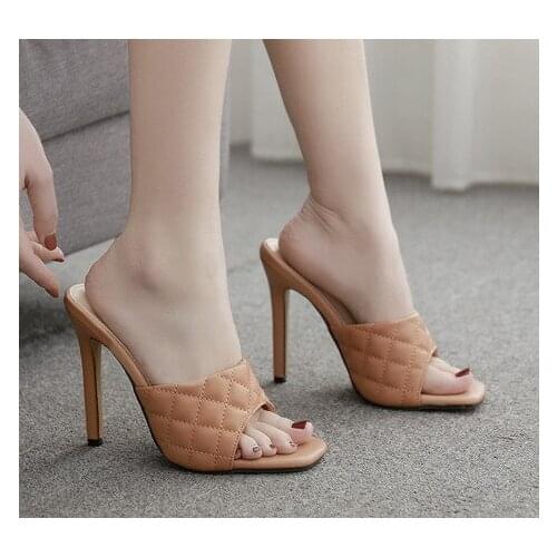 Sexy PU Square Head Peep Toe Thin High Heels Slippers Summer Fashion Slip On Slides Women Mules Party Shoes Mothers Day Gift