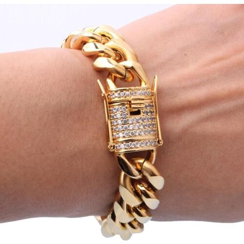 New Fashion 15mm 7 "-11" Mens Bracelet White Crystal Buckle Gold Curb Stainless Steel Miami Chain Bracelet Jewelry