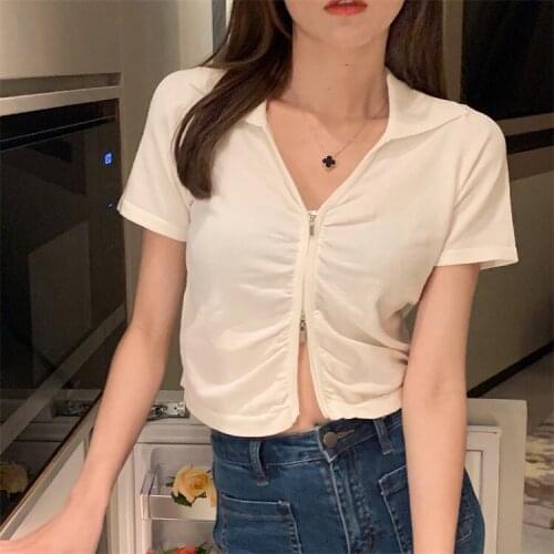 Slim pleated short section zipper short-sleeved t-shirt