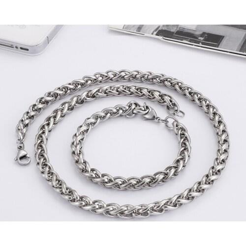 3mm/4mm/6mm/8mm Stainless Steel Jewelry Set Necklace & Bracelet Braid Rope Chain Shiny Cool jewelry