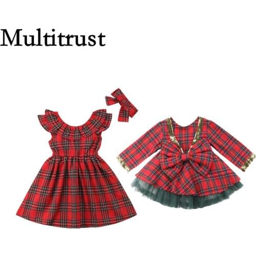 Citgeett Toddler Kids Baby Girl Plaid Princess Long Sleeve Party Formal Dress Red Sequin Fashion Sundress