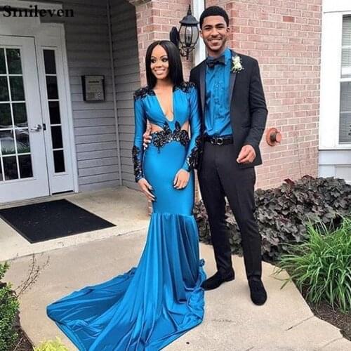 Smileven Charming Mermaid Evening Dresses Long Sleeve Black Lace Appliqued Evening Party Gowns Robe De Soiree