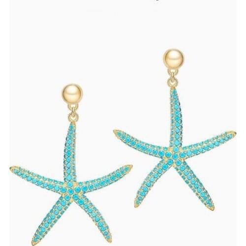 SOELLE New S925 Sterling Silver Aqua Blue Starfish Earrings Micro Inlay Zircon CZ for Women Summer Seaside Fashion Jewelry