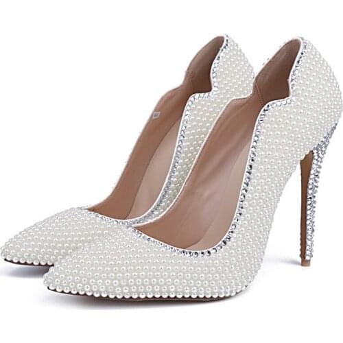 White Pearl Handmade Wedding Shoes Thin Heels Pointed Toe Pumps Shoes For Brides Fashion Shallow Single Shoe Custom Ladies Shoe
