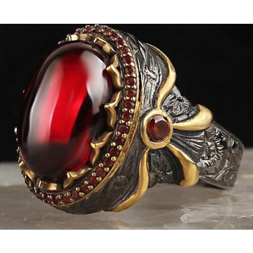 Vintage Two Tone Totem Ring Big Oval Red Stone Bow Ring For Men Women Gothic Party Anniversary Ring Retro Jewelry Gift F4M864