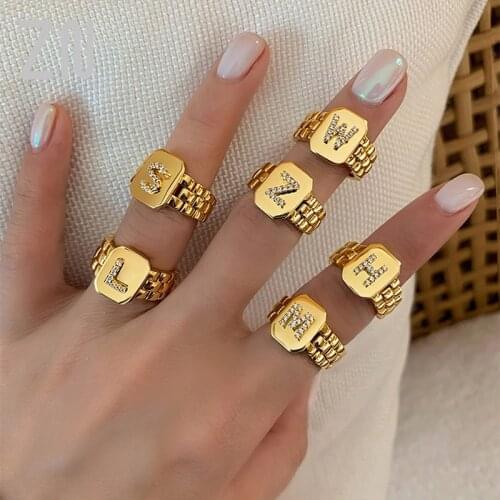 ZN Fashion Jewelry Gift Alloy 14k Gold Plated Zircon Ring Trendy Hip Hop 26 English Letters A-Z Adjustable Chain Rings For Women