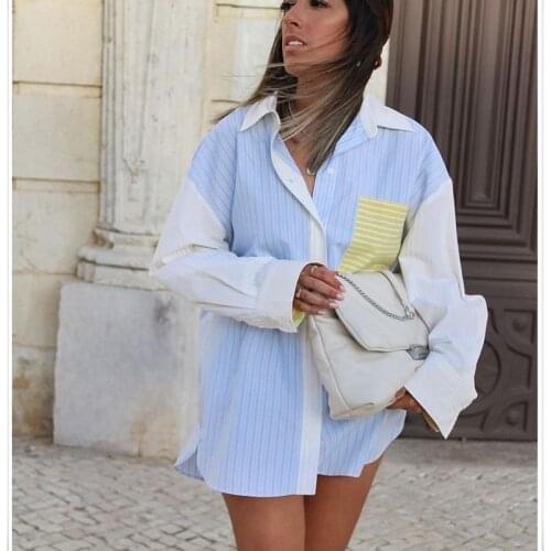 Woman Za Casual Pink Loose Patchwork Poplin Shirt 2021 Spring Sweet Girls Stripe Shirts Female Chic Oversized Long Sleeve Tops