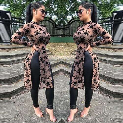 Spring 2019 Women Fashion Mesh Print Long Tops High Collar High Split Casual Shirts long sleeve womens shirts roupas feminina