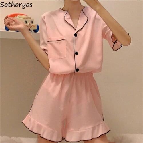 Women Pajama Sets Short Sleeve Turn-down Collar Ruffles Sweet Gentle Fashion Loose Leisure Teens Retro Sleepwear Fairy Cozy Soft