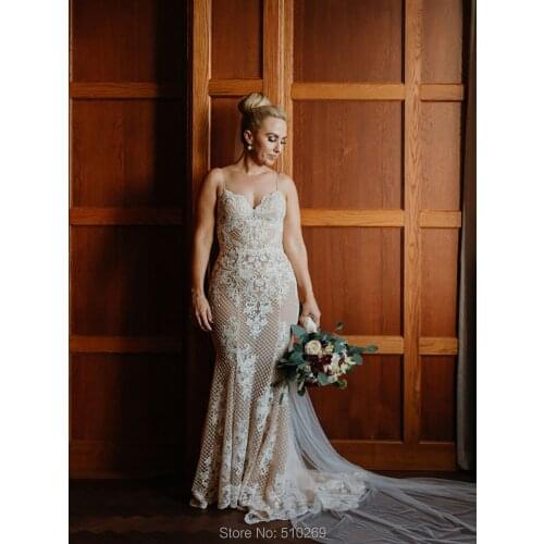 2020 Fit and Flare Wedding Dress Vestido De Noiva Robe De Mariee Spaghetti Straps Lace Appliques Bridal Gowns Custom Size