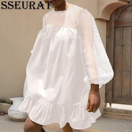 SSEURAT Women Loose Dress Patchwork Mesh Lantern Sleeves Hollow Out Casual Female Gowns 2021 Summer Fashion New