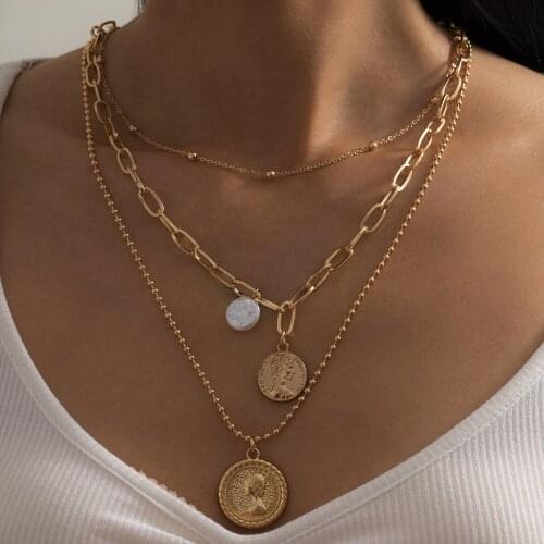 New Vintage Multi Layer Carved Coin Portrait Pendant Necklace for Women Baroque Pearl Beads Chain Necklace Fashion Jewelry 2021