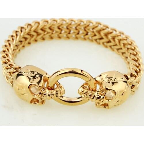 12mm Trendy Double Gold Skeleton Skull Stainless Steel Figaro Link Chain Mens Cuff Bangle Bracelet Hip-hop Biker Jewelry 8.26"
