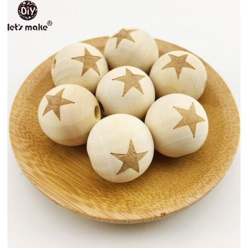 Lets Make Natural Color Star Round Wood Beads 20pcs 20mm Shower Gift Can Chew Maple Wooden Balls DIY Teething Necklace Beads
